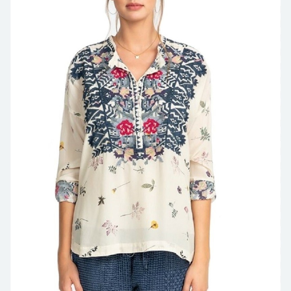 Johnny Was Women’s Nostra Silk Embroidered Oversize Cross Stitch Tunic Blouse S